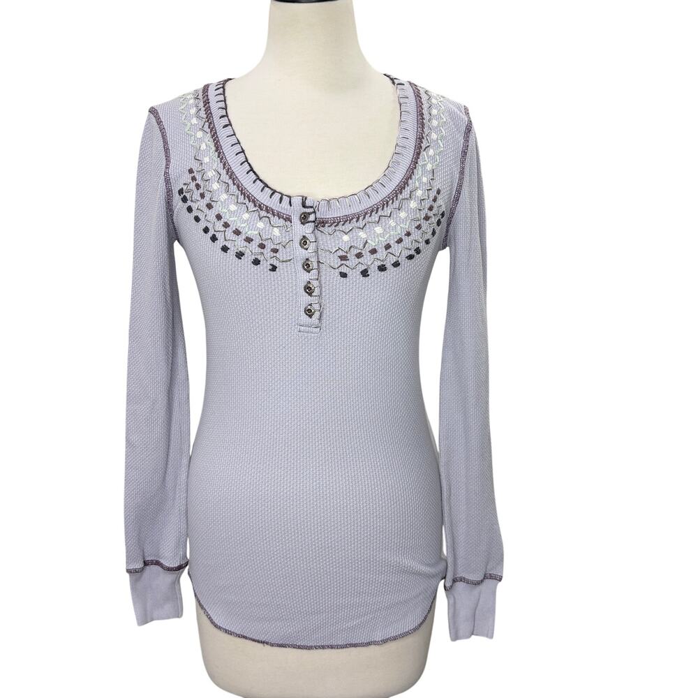 We the Free People Size XS Thermal Henley Top Embroidered Boho Fair Isle READ